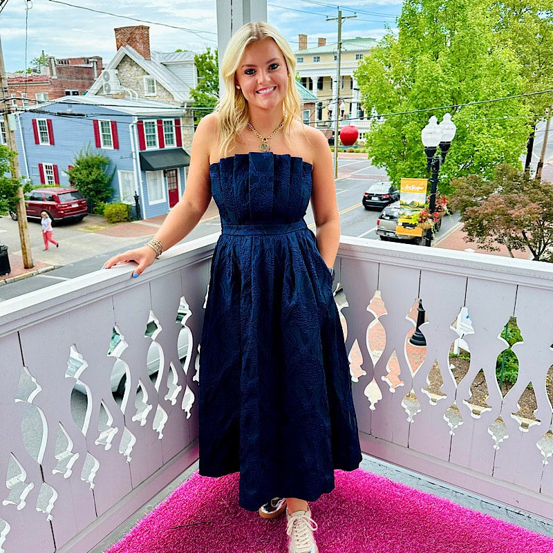 Navy Brocade Pleated Top Dress