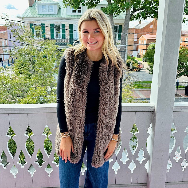 Taupe Long Faux Fur Vest